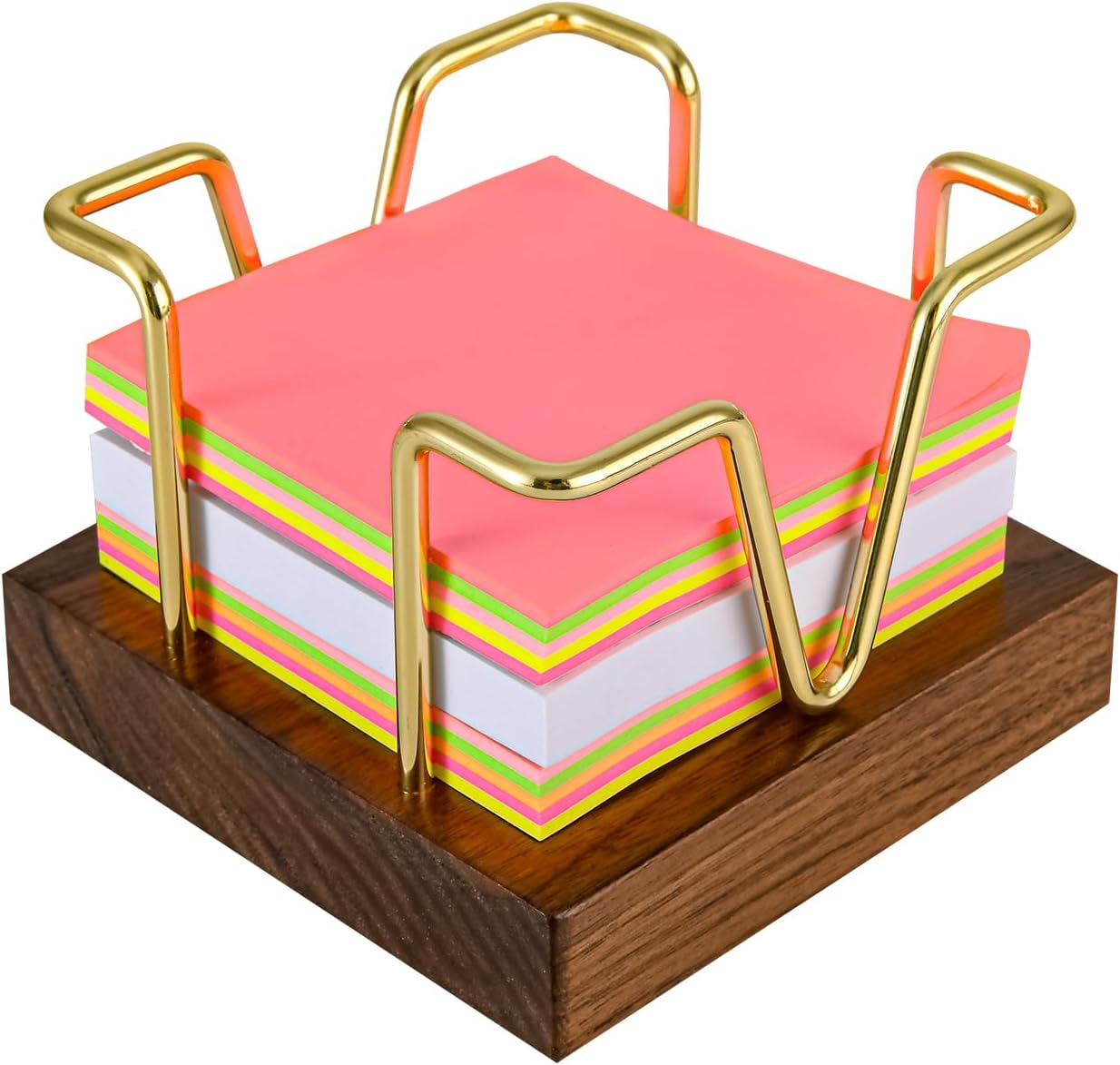 Soporte notas adhesivas madera nogal 3x3pulg dorado