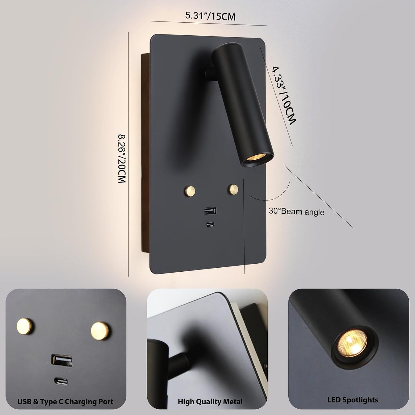 Lámpara de mesilla ajustable con USB y control tactil
