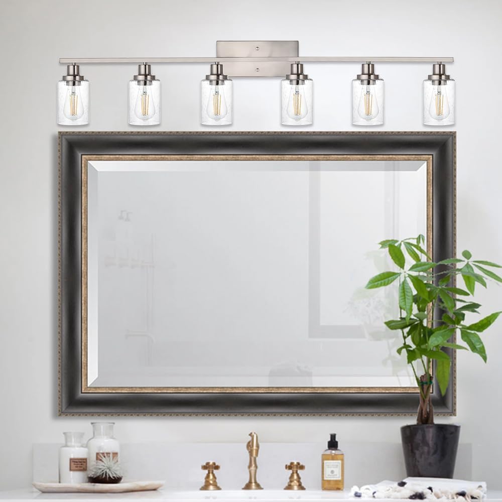 Lámpara tocador baño 6 luces vidrio sembrado níquel