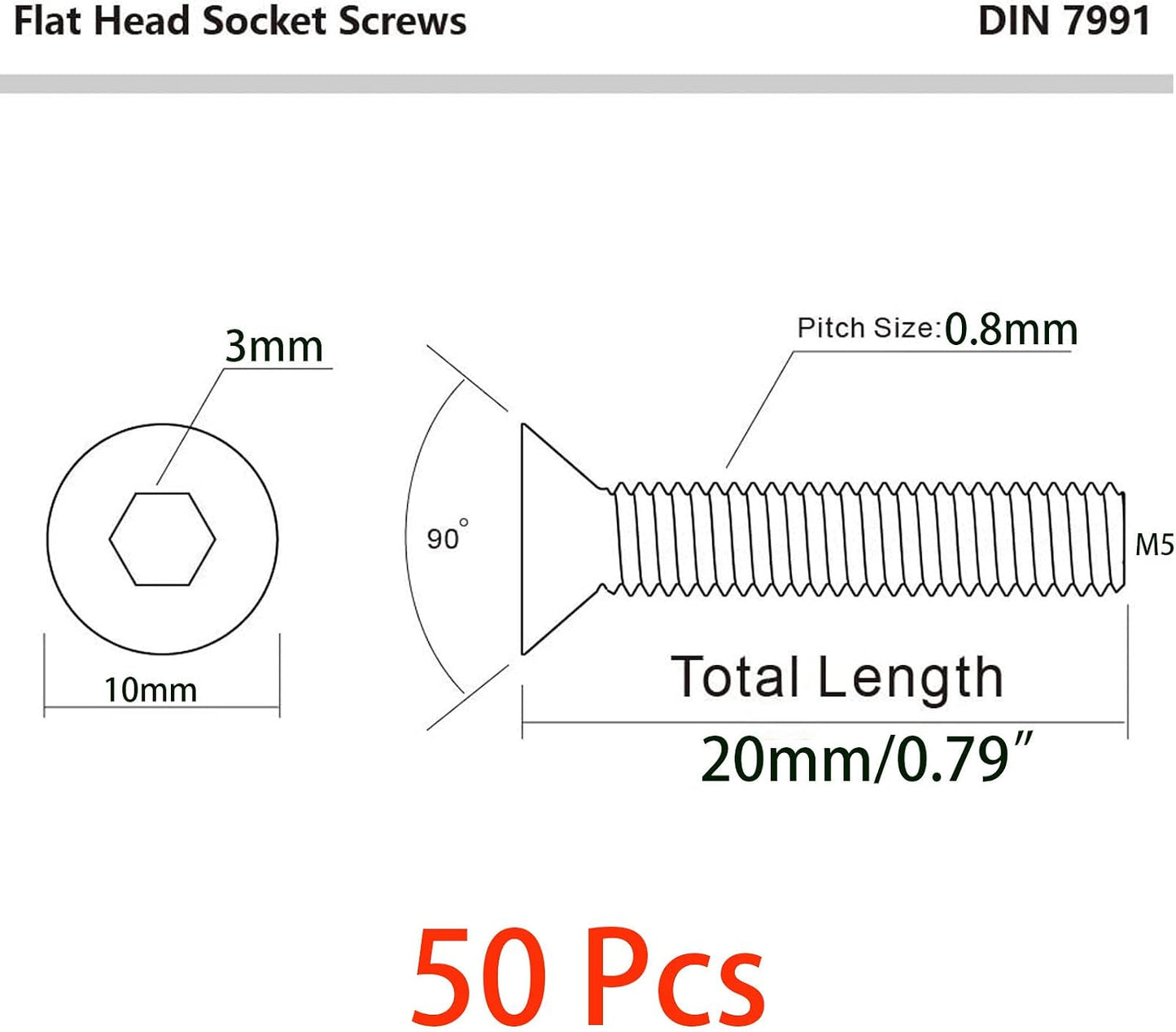 50 S de cabeza plana M5 acero inox 18-8 brillante