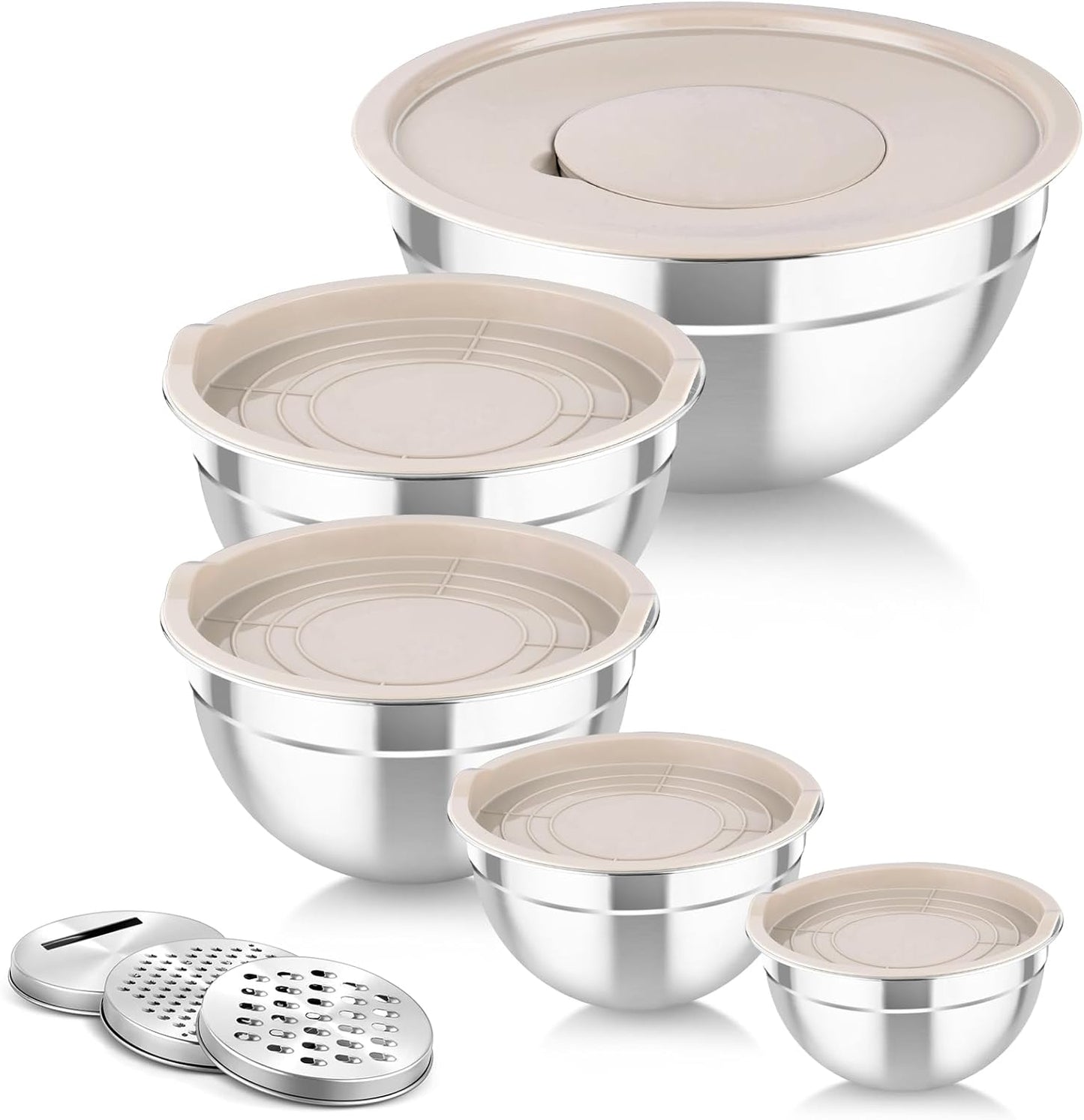 5 Cuencos Acero Inox con Tapas y Ralladores para Cocinar