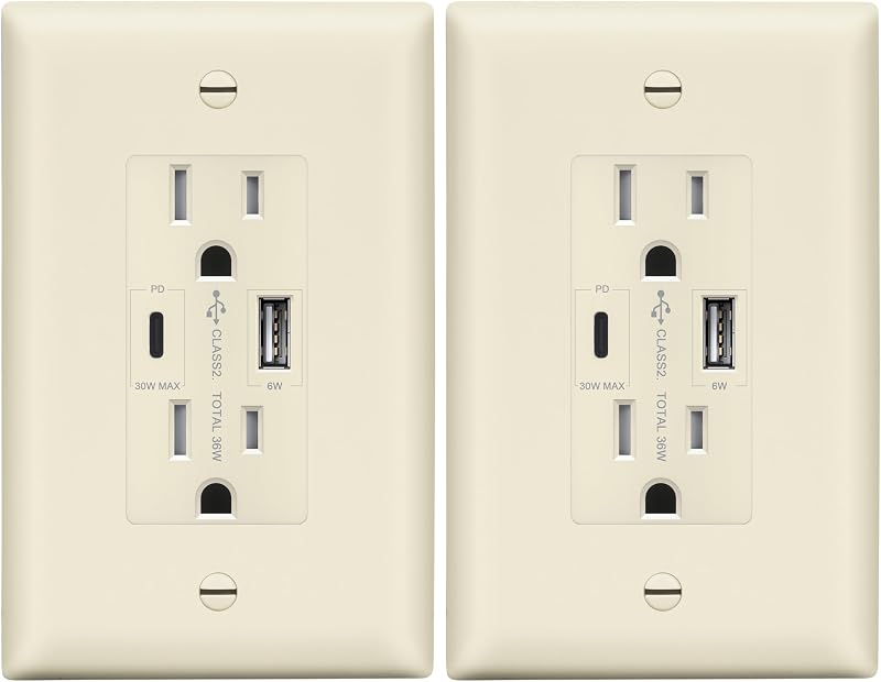 Toma pared USB-C 36W 2 Pzas resistente instalación fácil