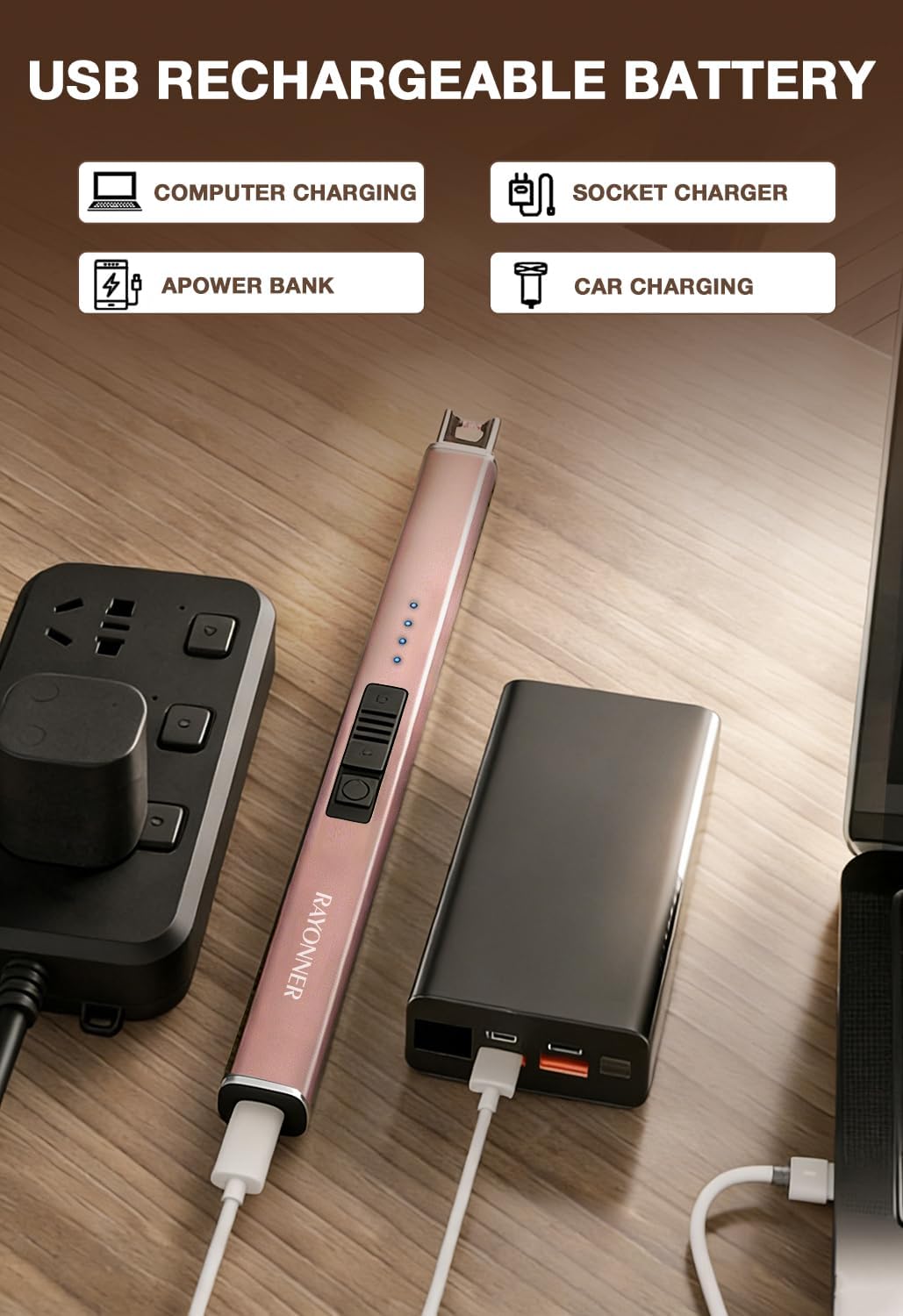 Encendedor eléctrico recargable USB para velas campamento oro rosa