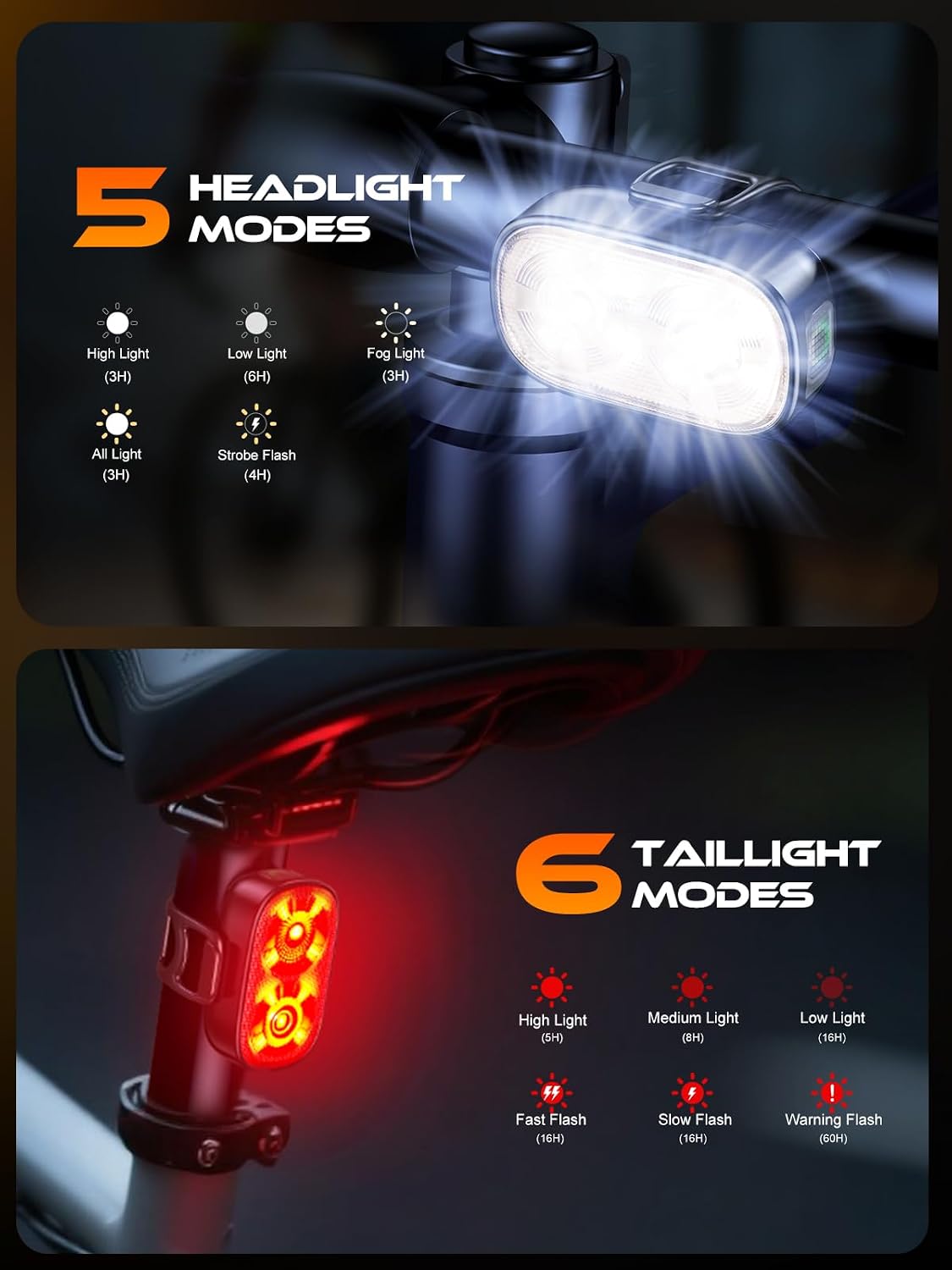 Luz bicicleta USB-C recargable 56 modos IP65 ruta montaña