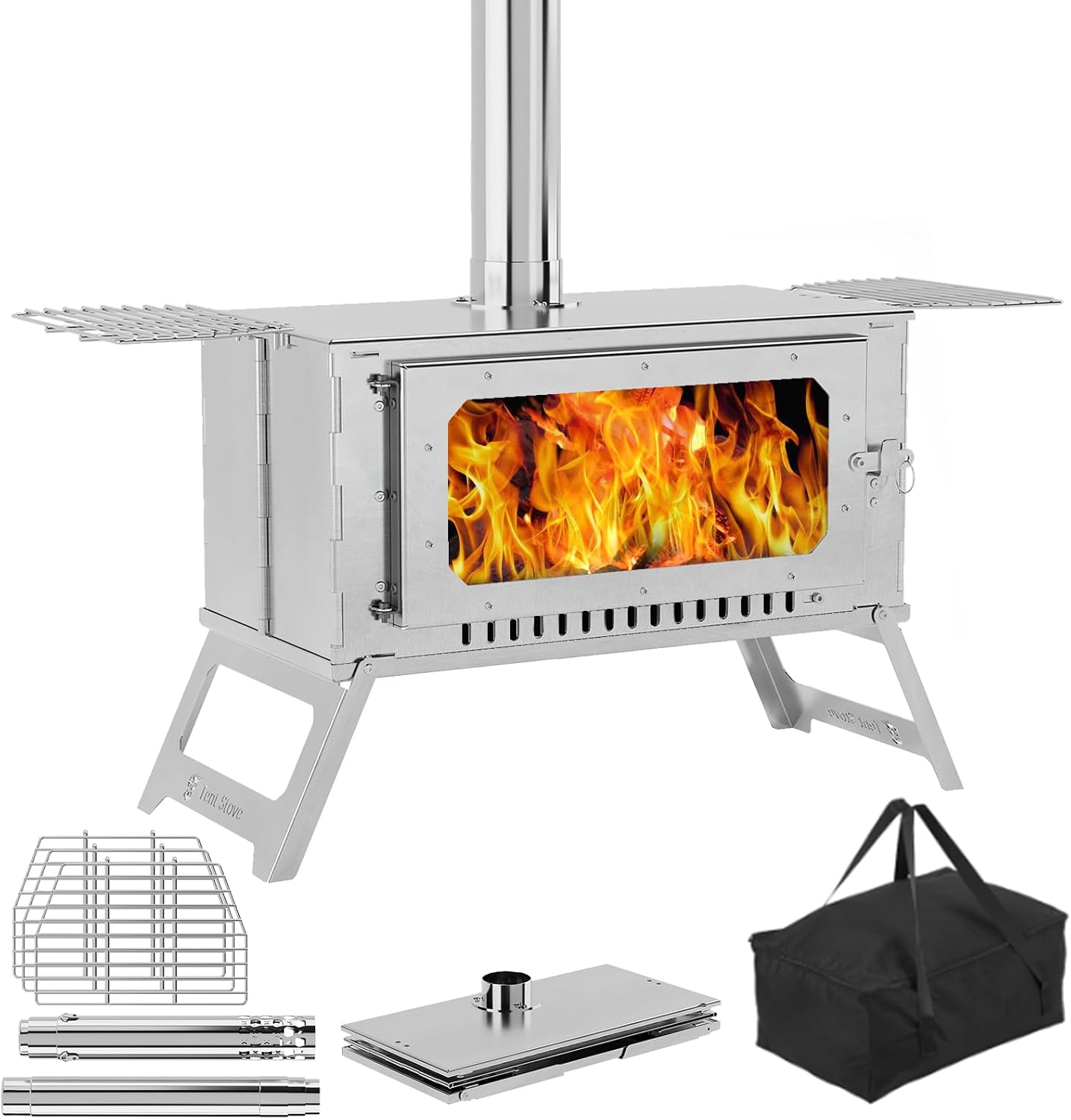 Estufa portátil acampar acero inox 5 tubos chimenea