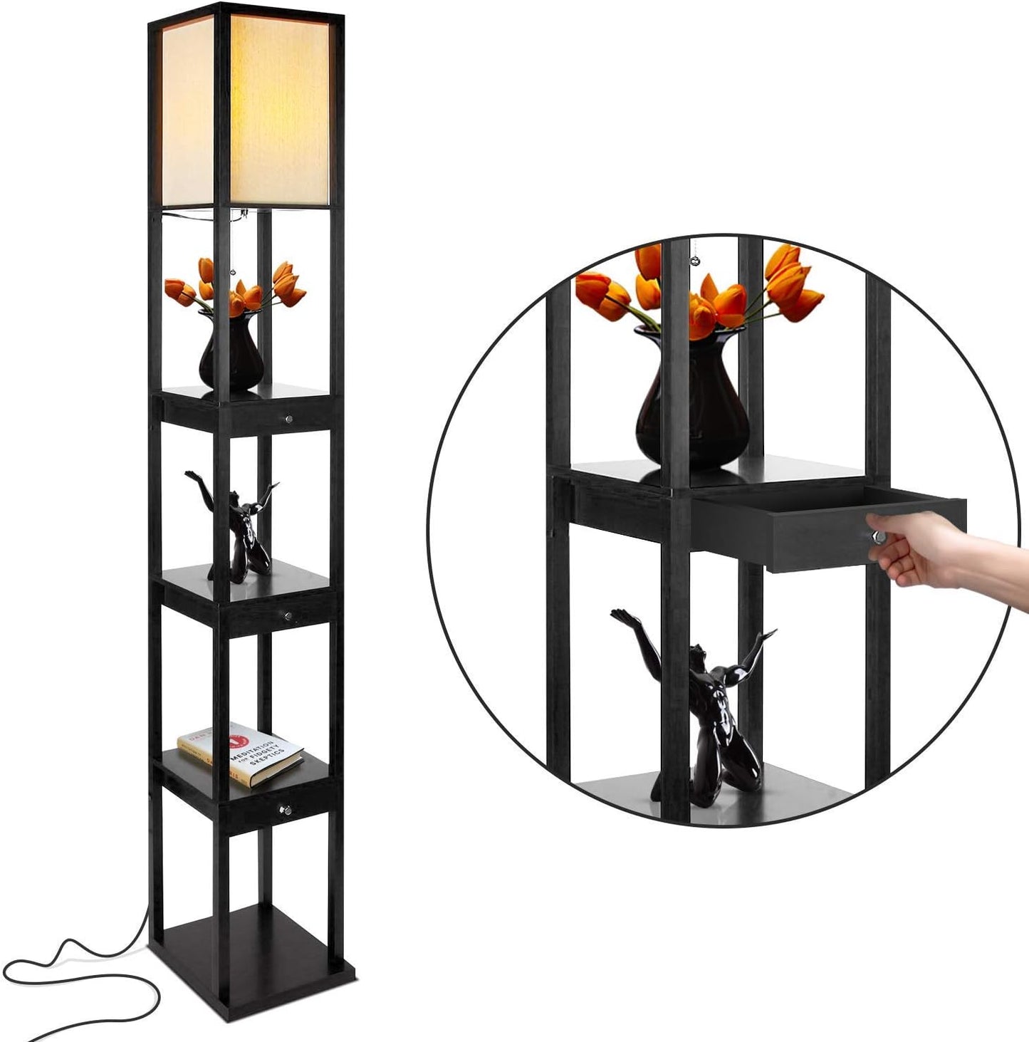 Set 2 lámparas pie y mesita con USB LED madera dormitorio