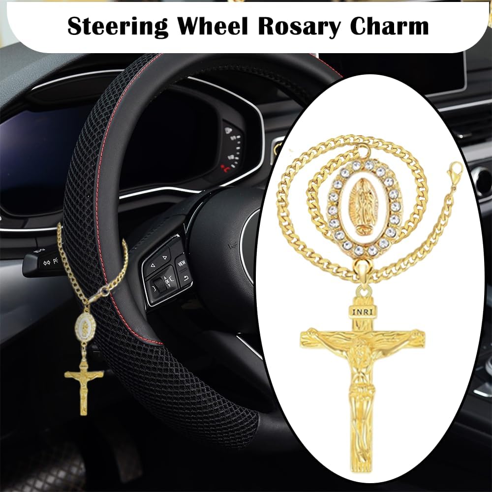 Accesorio rosario volante dije espejo cruz virgen maria cadena dorada