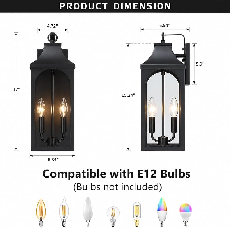 Farol pared porche 17" 2 luces negro arena ETL metal vidrio