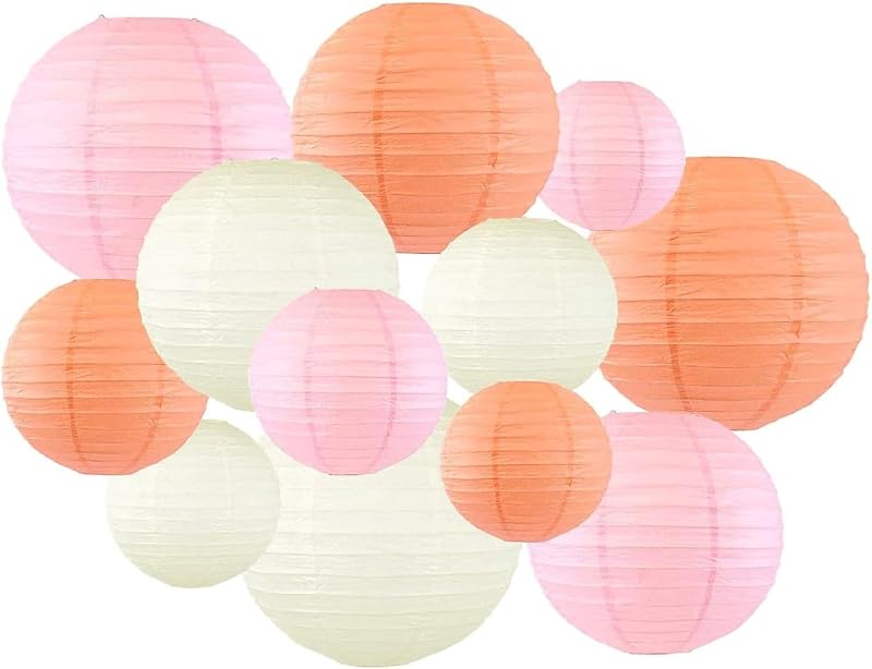 12 Linternas Redondas Papel Rosa Melocotón Marfil Decorativas