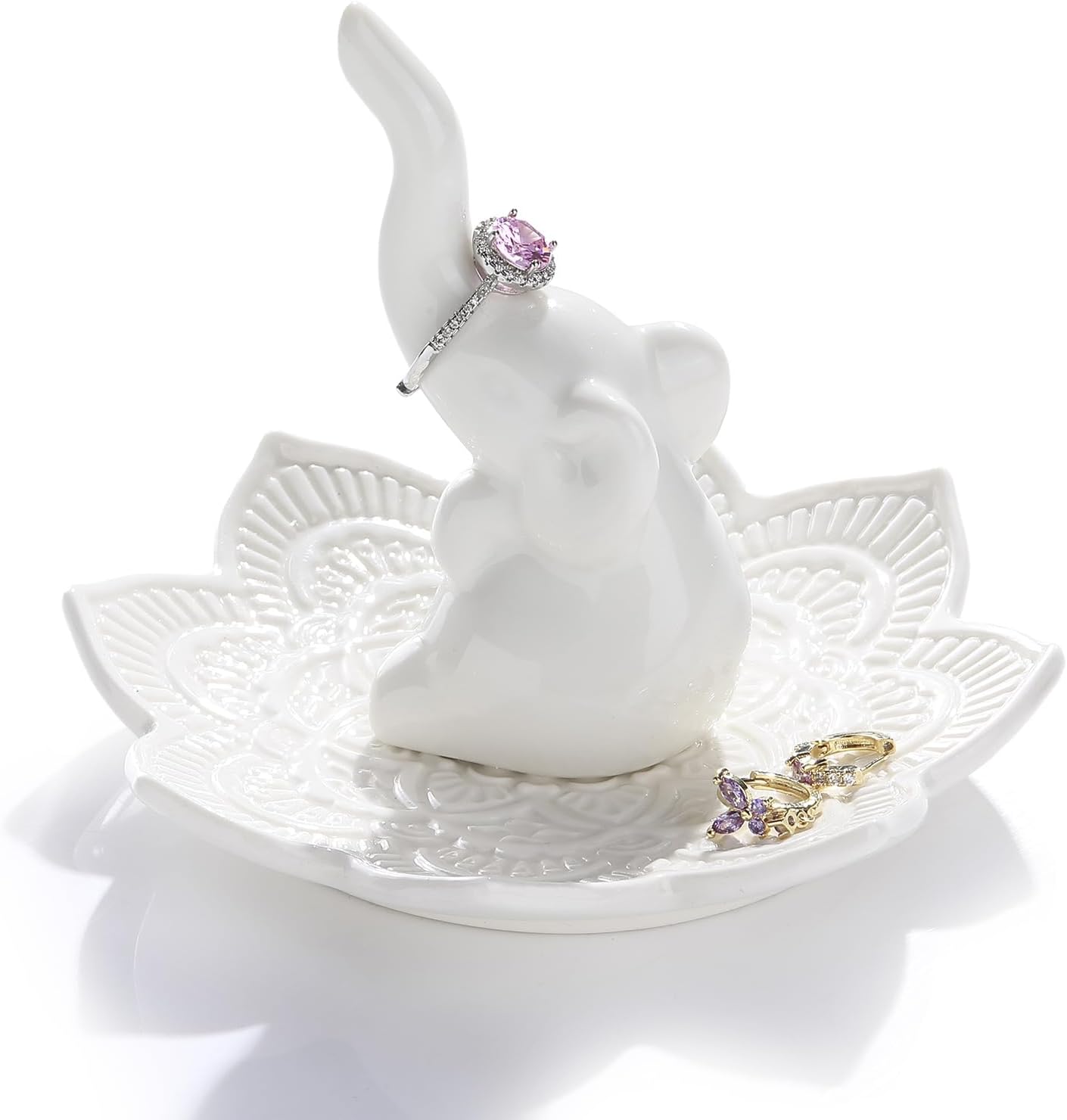 Soporte anillo elefante blanco con plato mandala para joyas