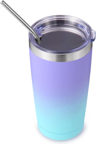 Vaso acero inox 20oz con tapa popote doble pared azul morado