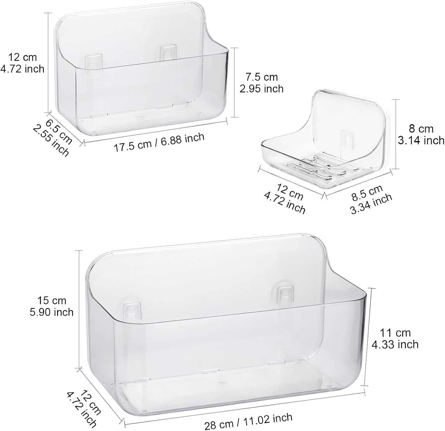 Organiz. acrílico 3 Pzas cestas ducha adhesivas baño cocina