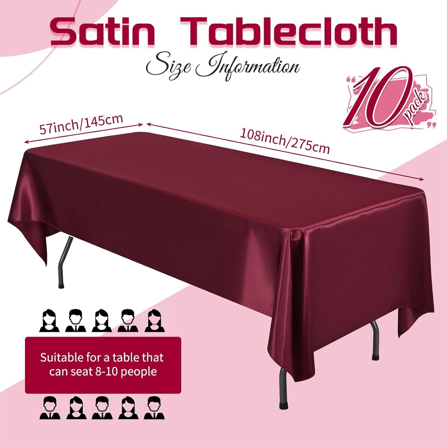 10 Manteles Satén 108x57pulg Rectangulares para Bodas y