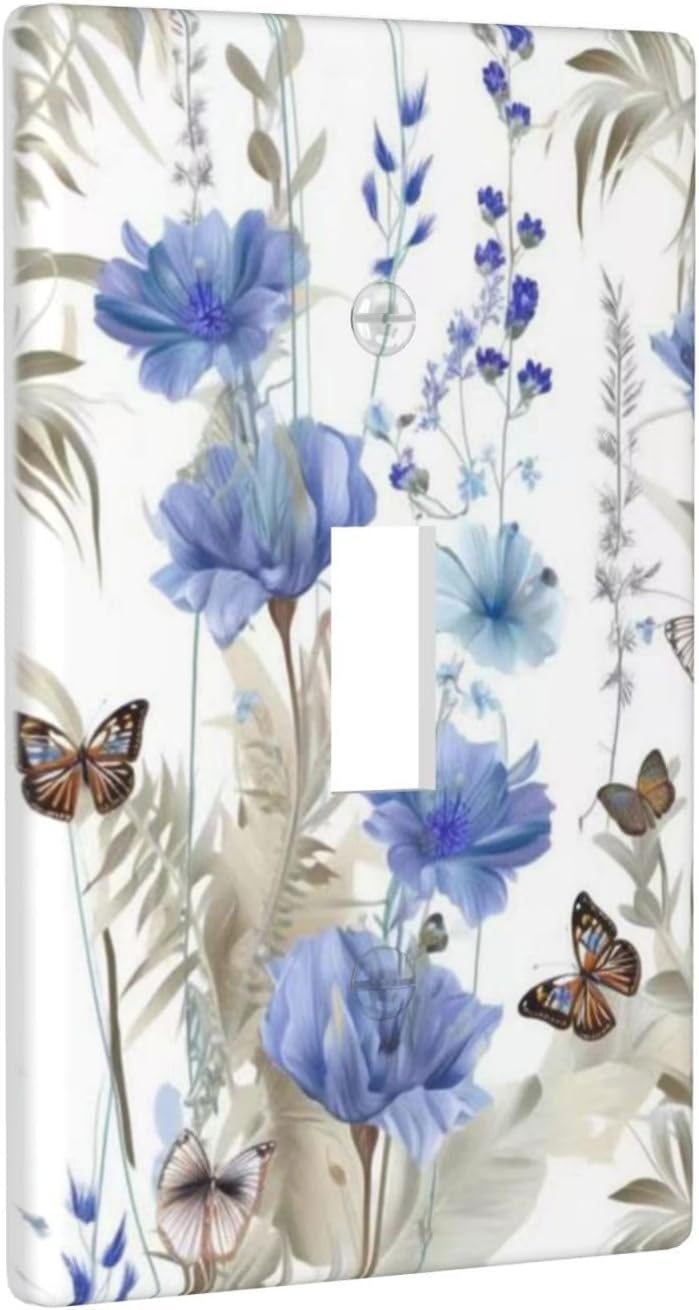 Placa decorativa interruptor con flores azules y mariposas