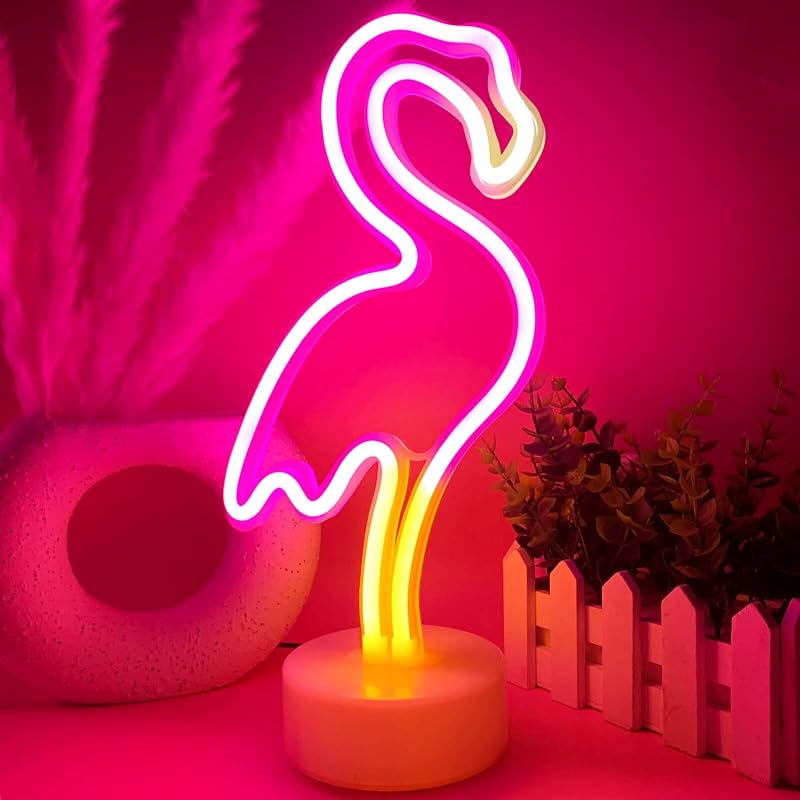 Letrero led neón flamenco rosa para dormitorio niñas con pedestal