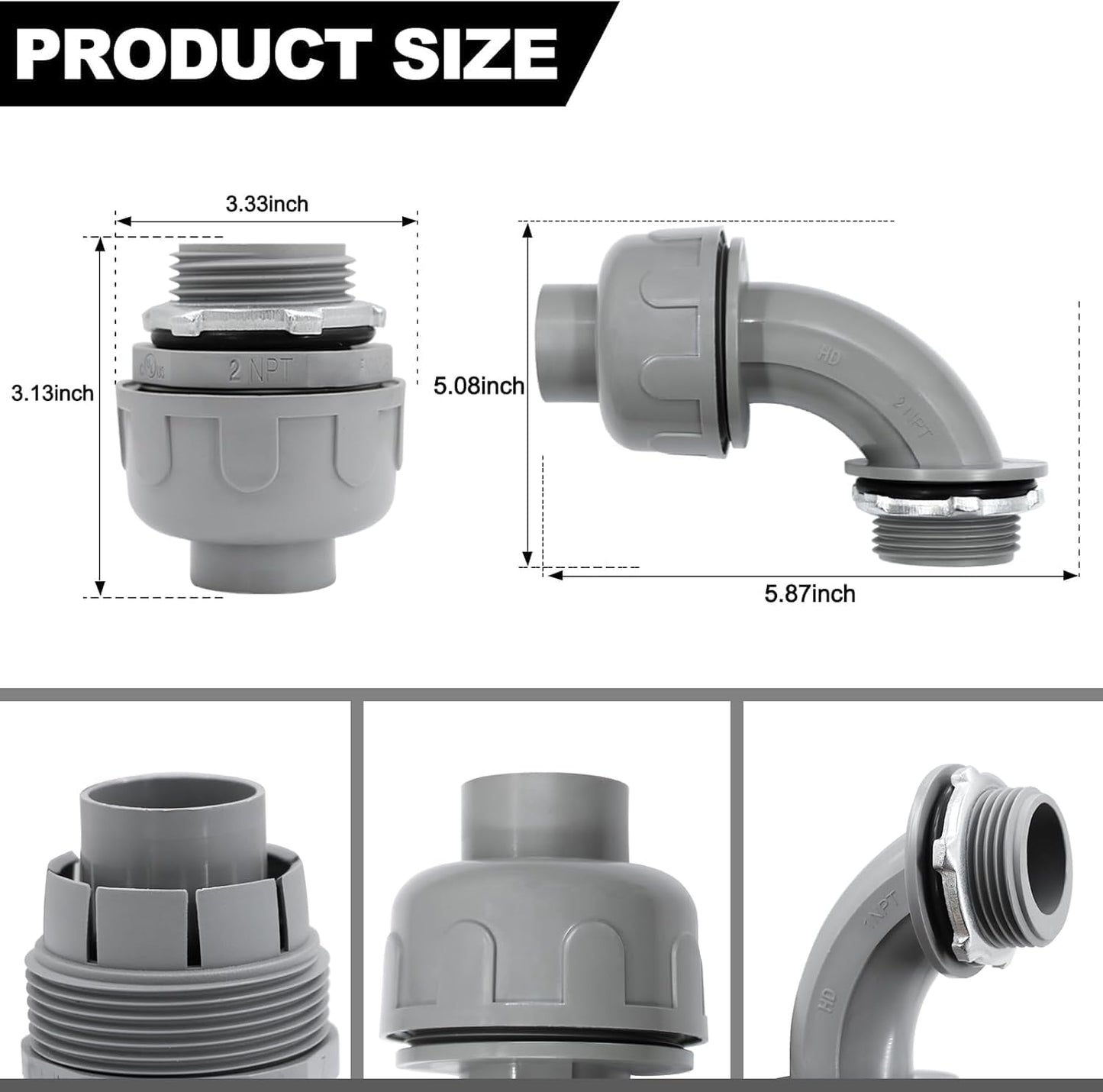 Conector PVC 2pulg cert UL pack 12 pzas 180D y 90D