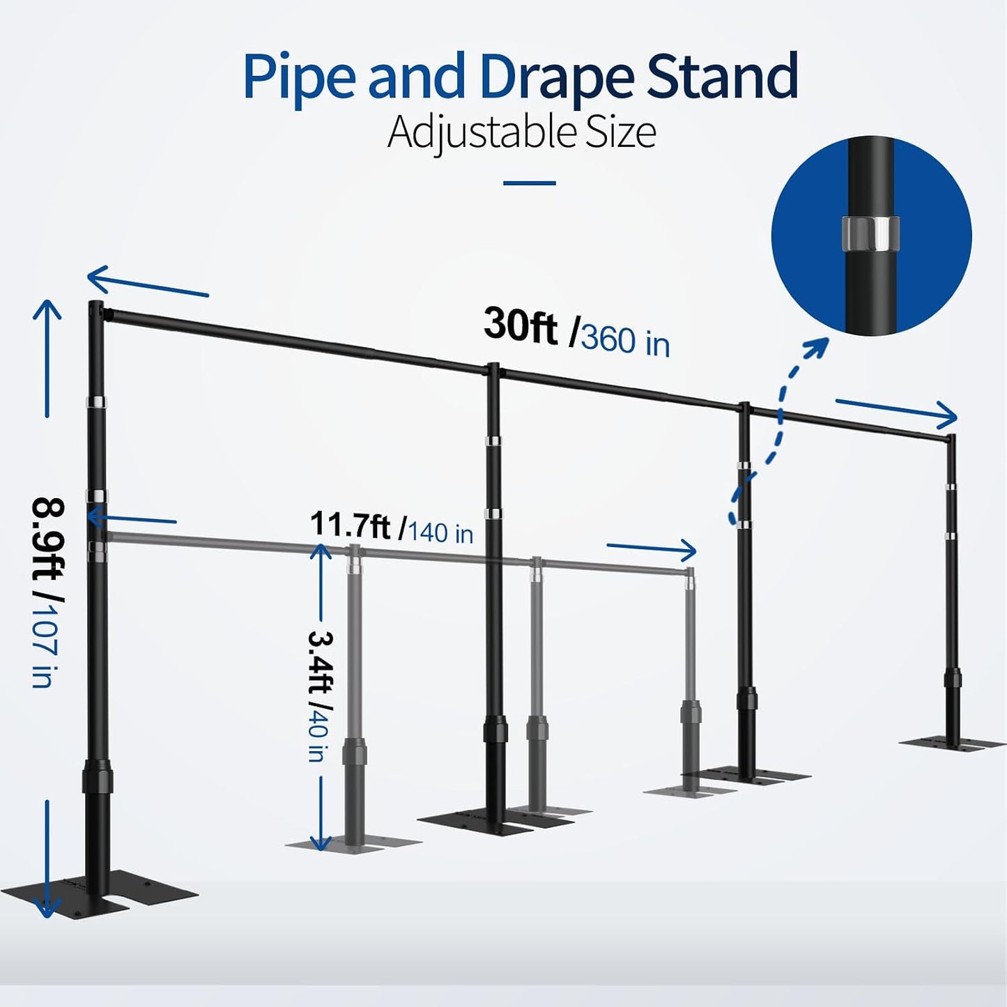 Soporte fondo tubo ajustable 8.9x30ft base metal para fiestas boda