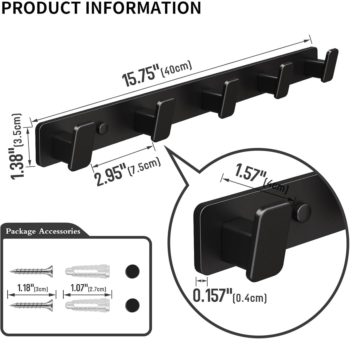 Perchero pared negro 5 ganchos resistente