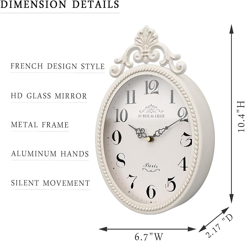 Reloj pared vintage ovalado blanco marfil silencioso con pilas