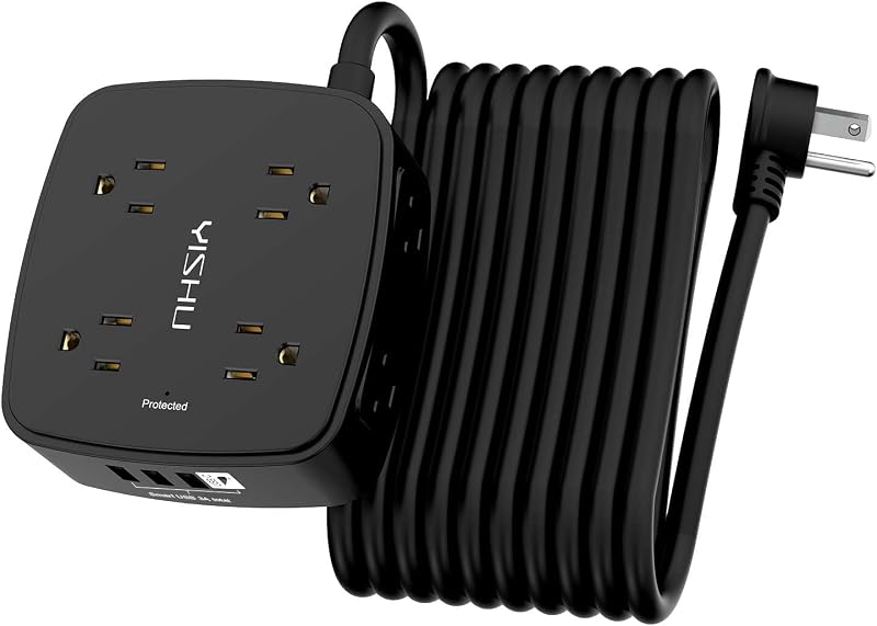 Regleta sobretensión 20" 8 tomas 4 USB enchufe plano negro