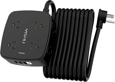 Regleta sobretensión 20" 8 tomas 4 USB enchufe plano negro