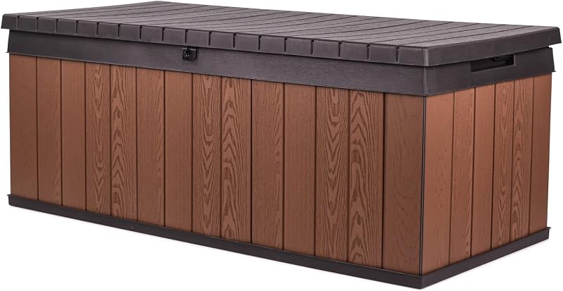 Caja resina 100gal para patio herramientas color marrón