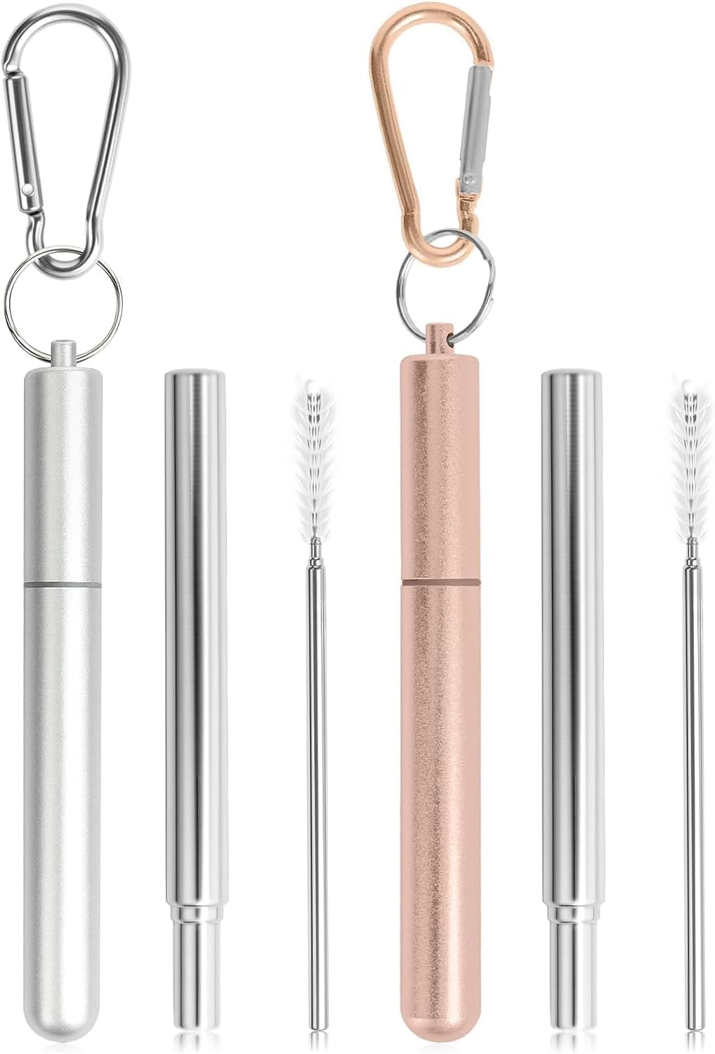 Pajitas metálicas plegables con estuche, llavero y cepillo, paquete de 2