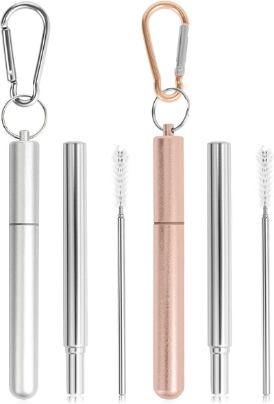 Pajitas metálicas plegables con estuche, llavero y cepillo, paquete de 2