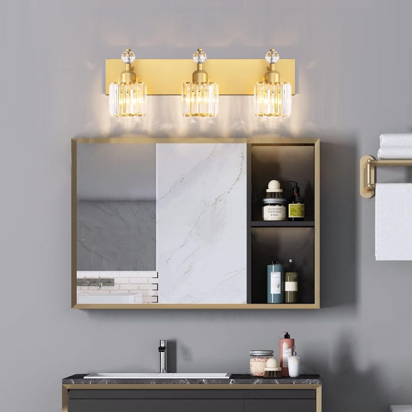 Lámpara de pared 3 luces cristal baño moderna dorada