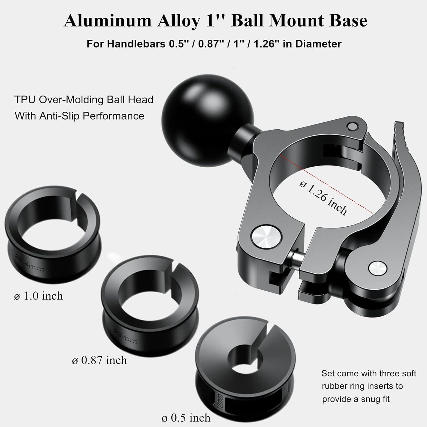 Base abrazadera manillar aluminio bola poliuretano 0.5-1.26"