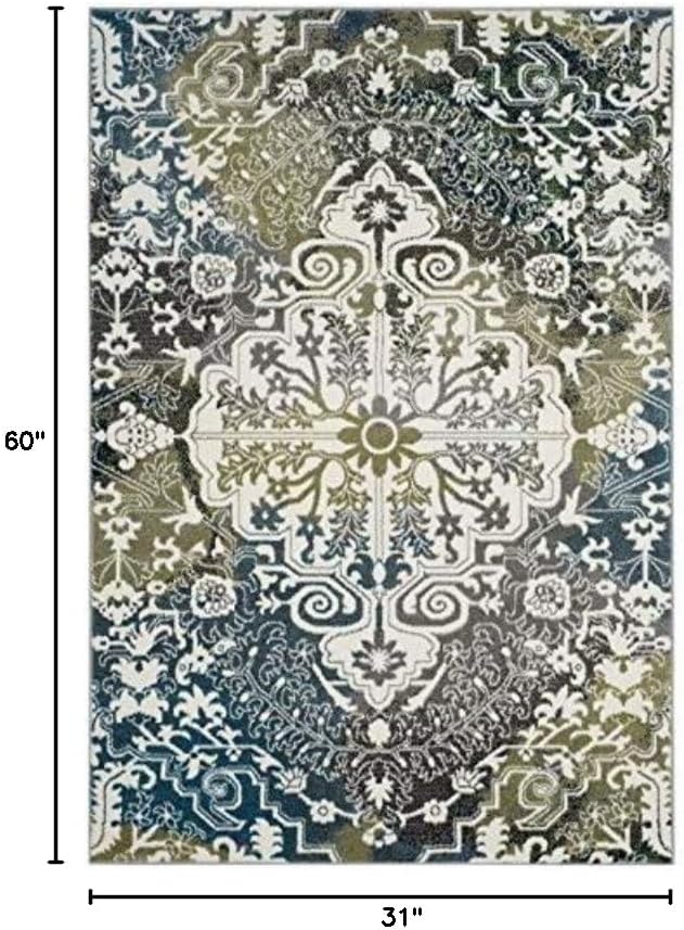 Alfombra decorativa 2'7"x5' medallón marfil y azul pavo real
