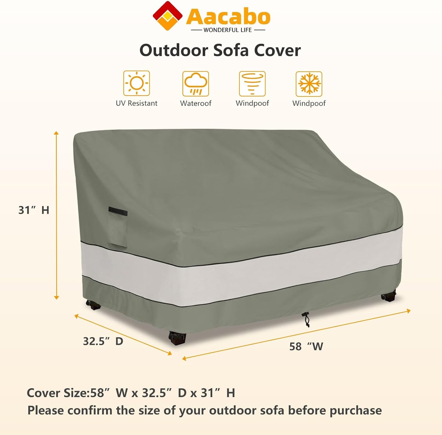 Funda sofá patio 2 plazas impermeable 58x32.5x31pulg