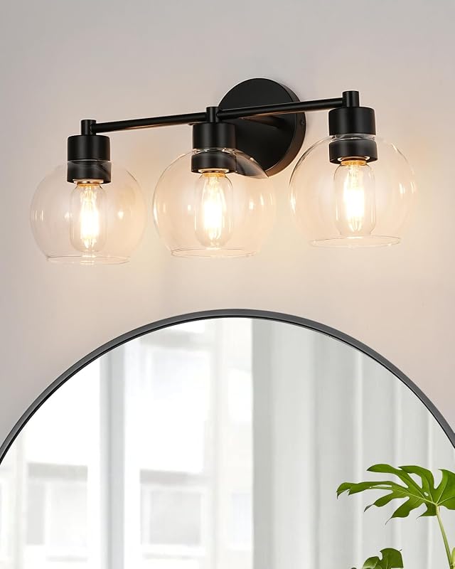 Lámpara baño negra 3 luces vidrio transparente E26