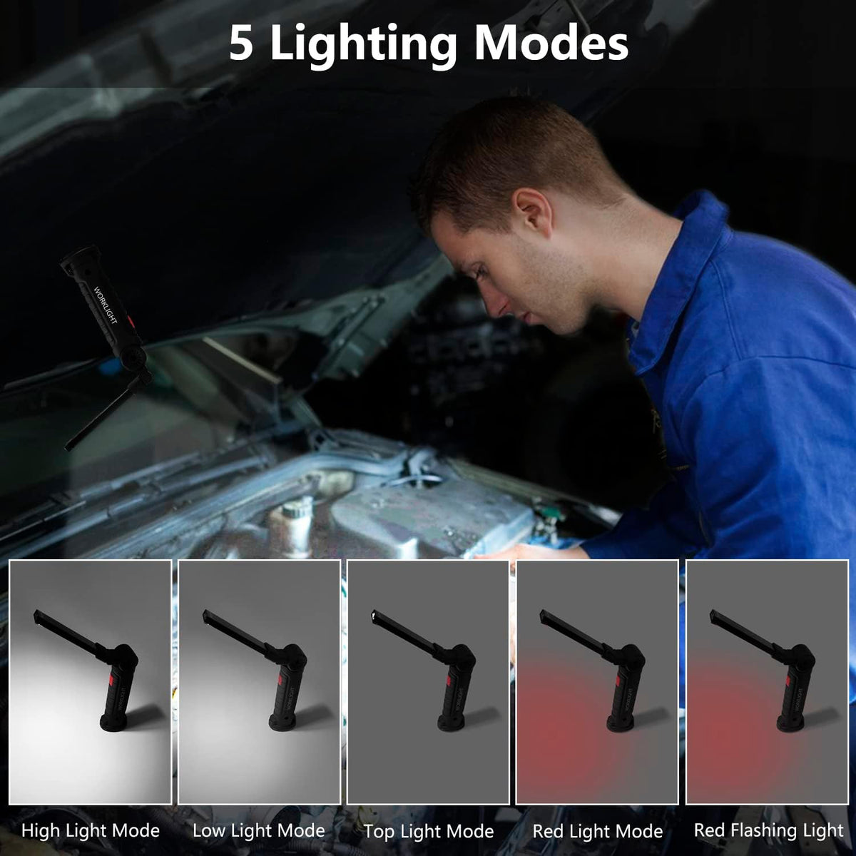 Luz trabajo recargable magnética 800lm 5 modos plegable
