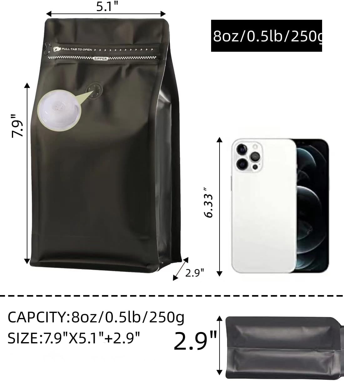 Bolsas café aluminio 8oz 50uds sellado térmico negro
