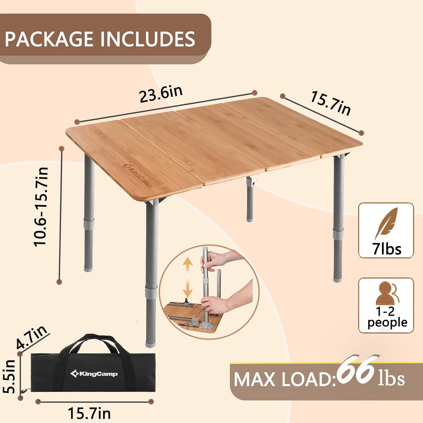 Mesa plegable bambú ajustable anti-UV 23.6x15.7pulg
