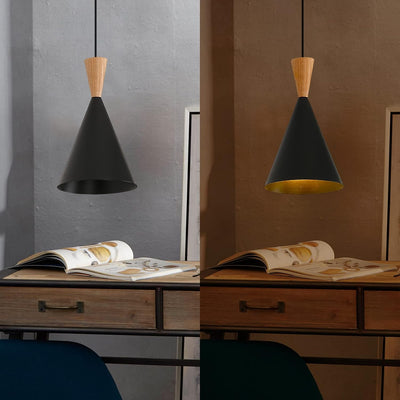 Lámpara colgante techo con cono metal y madera 11.5ft