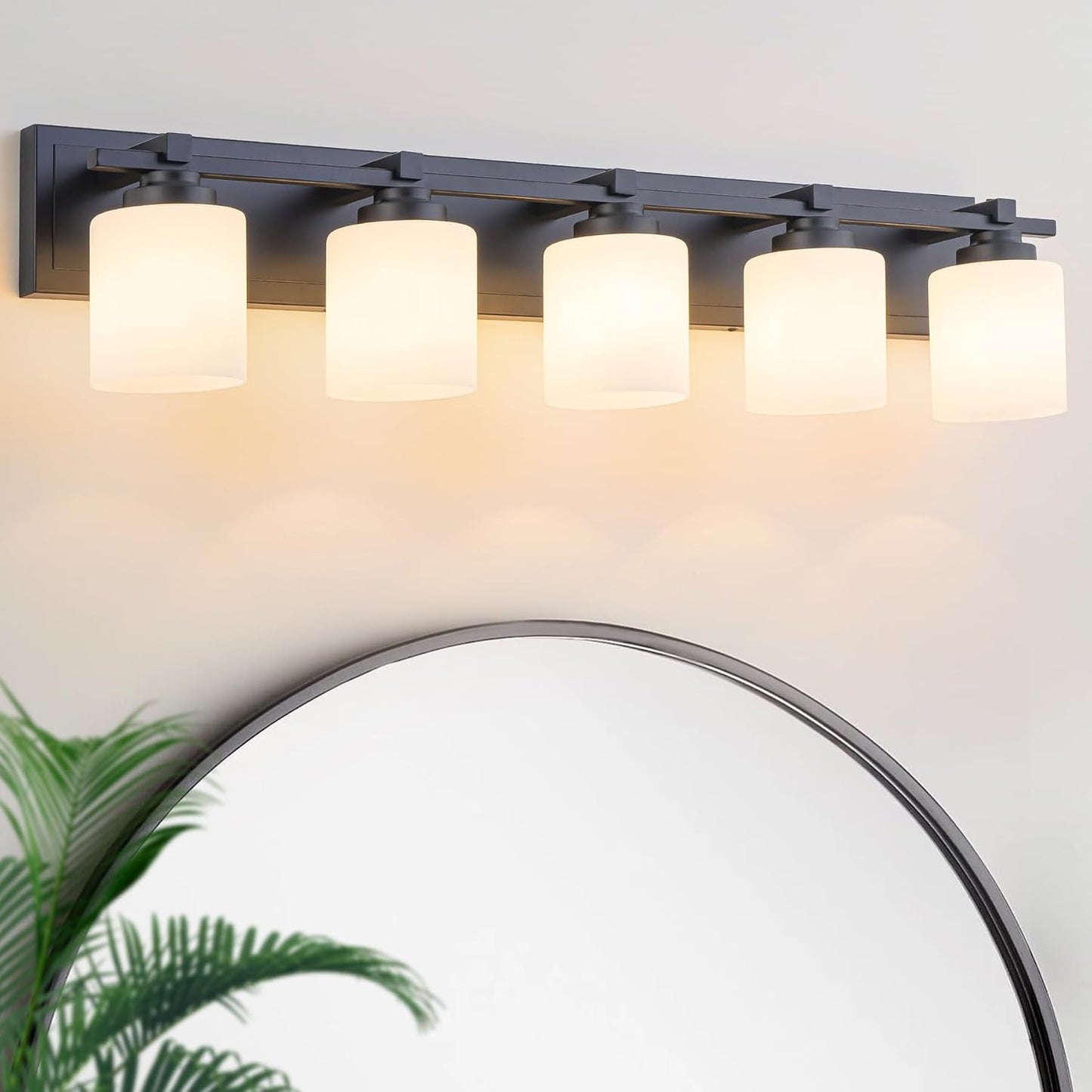 5 Luces Tocador Negro Vidrio Blanco Lechoso E26