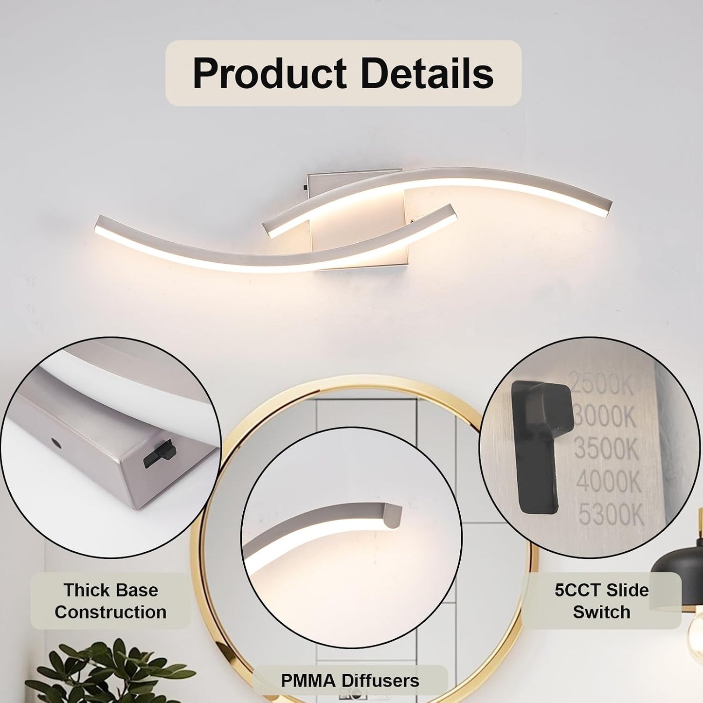 Luz tocador baño 23.62pulg níquel cepillado LED regulable