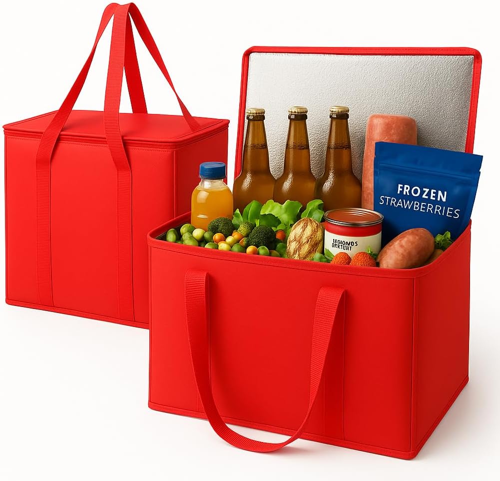 2 Pzas Bolsas Compra Aislantes Recicladas Plegables Rojas