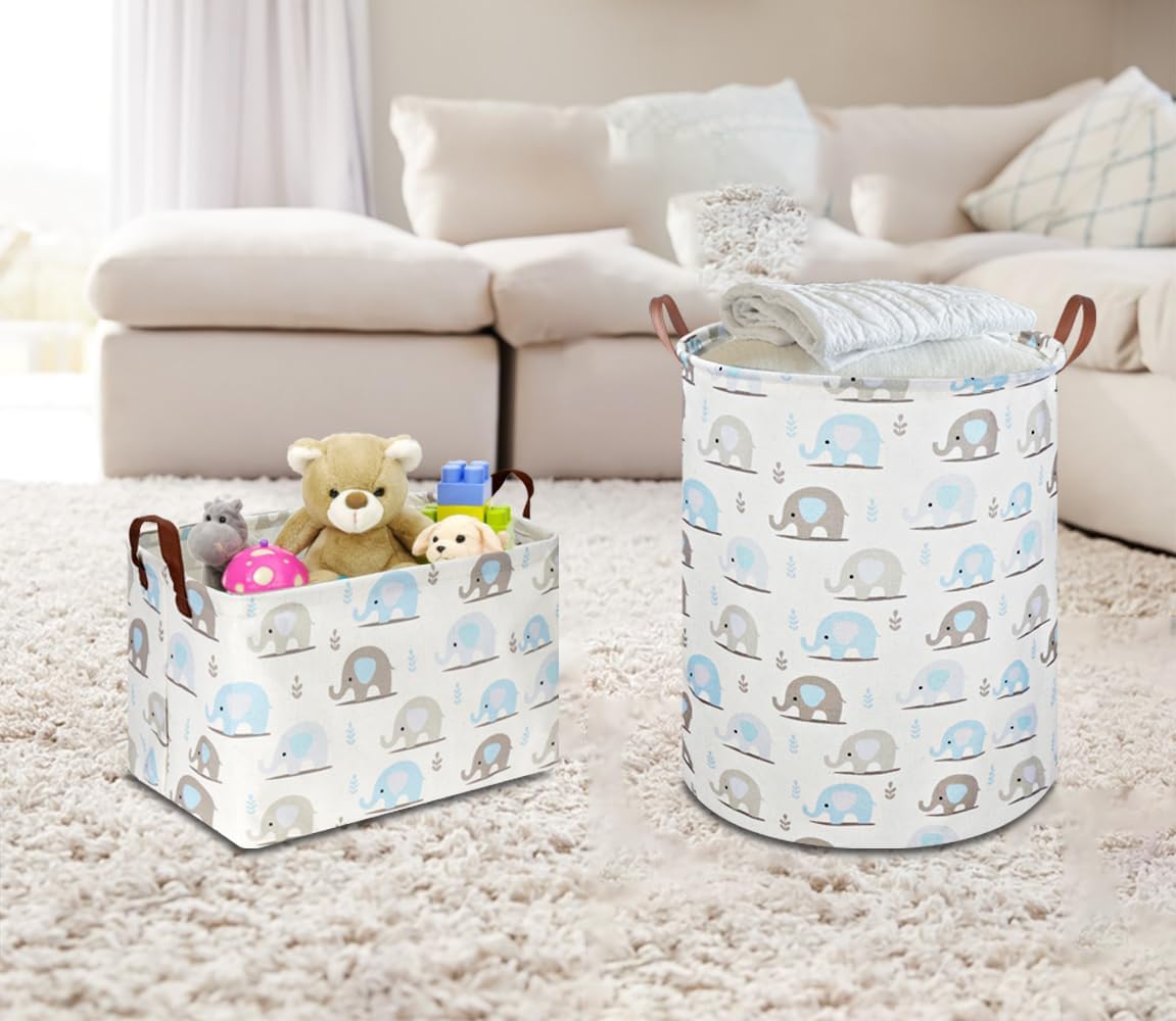 Cesta elefante azul plegable con asas para libros y decoración
