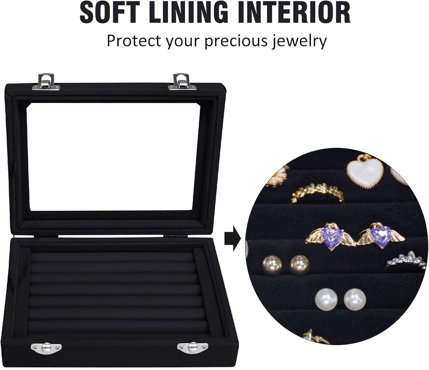 Estuche joyas terciopelo con tapa transparente 7 ranuras