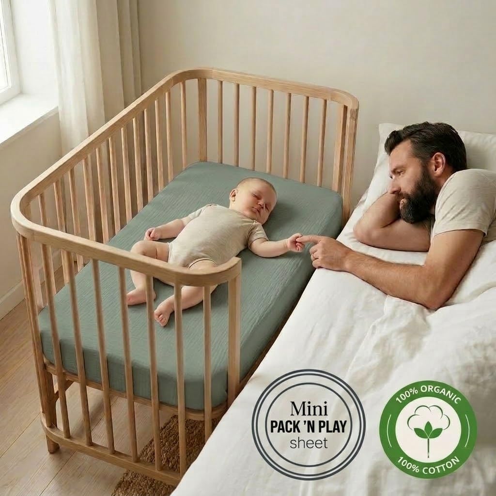 Sábana bajera mini cuna muselina algodón orgánico 24x38pulg verde
