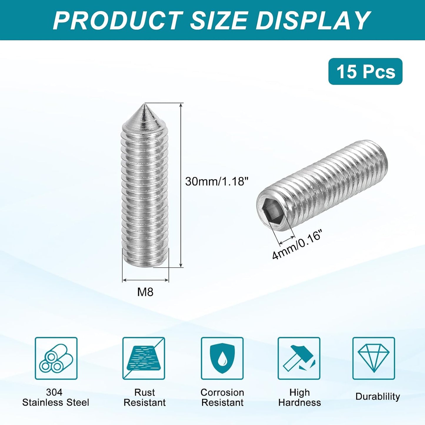 15 Punta cónica M8x30mm acero inox 304 para bricolaje