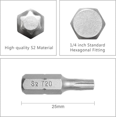 Set 20 Brocas Torx T20 Acero Aleación S2 1pulg Vástago Hexagonal