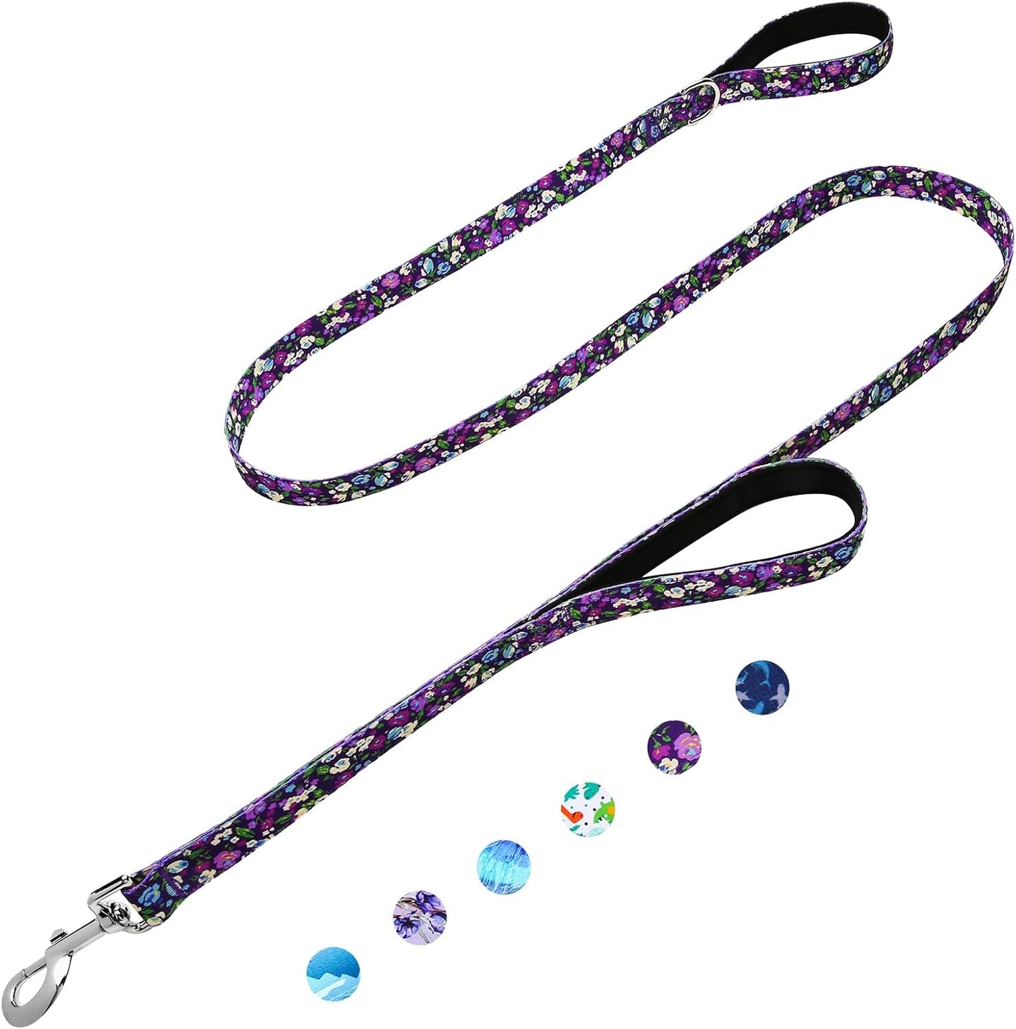 Correa perro 6ft doble asa suave floral morado