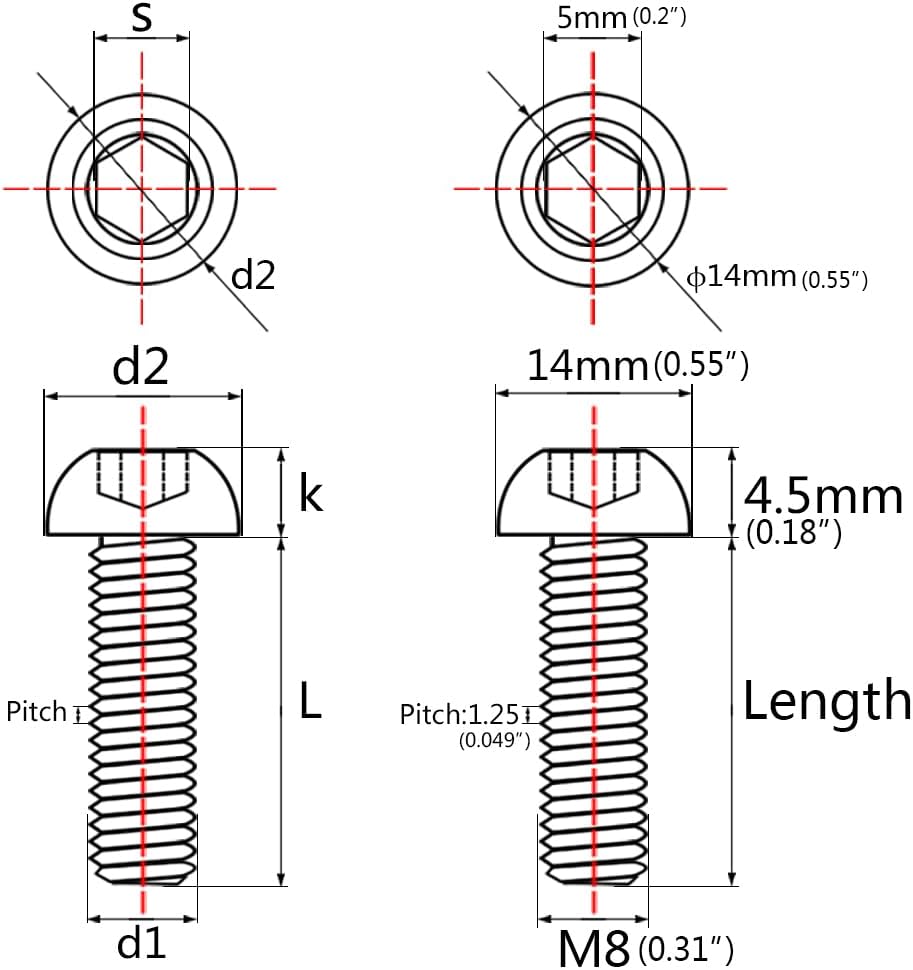 Tornillos cabeza botón M8x30mm dorado set 4