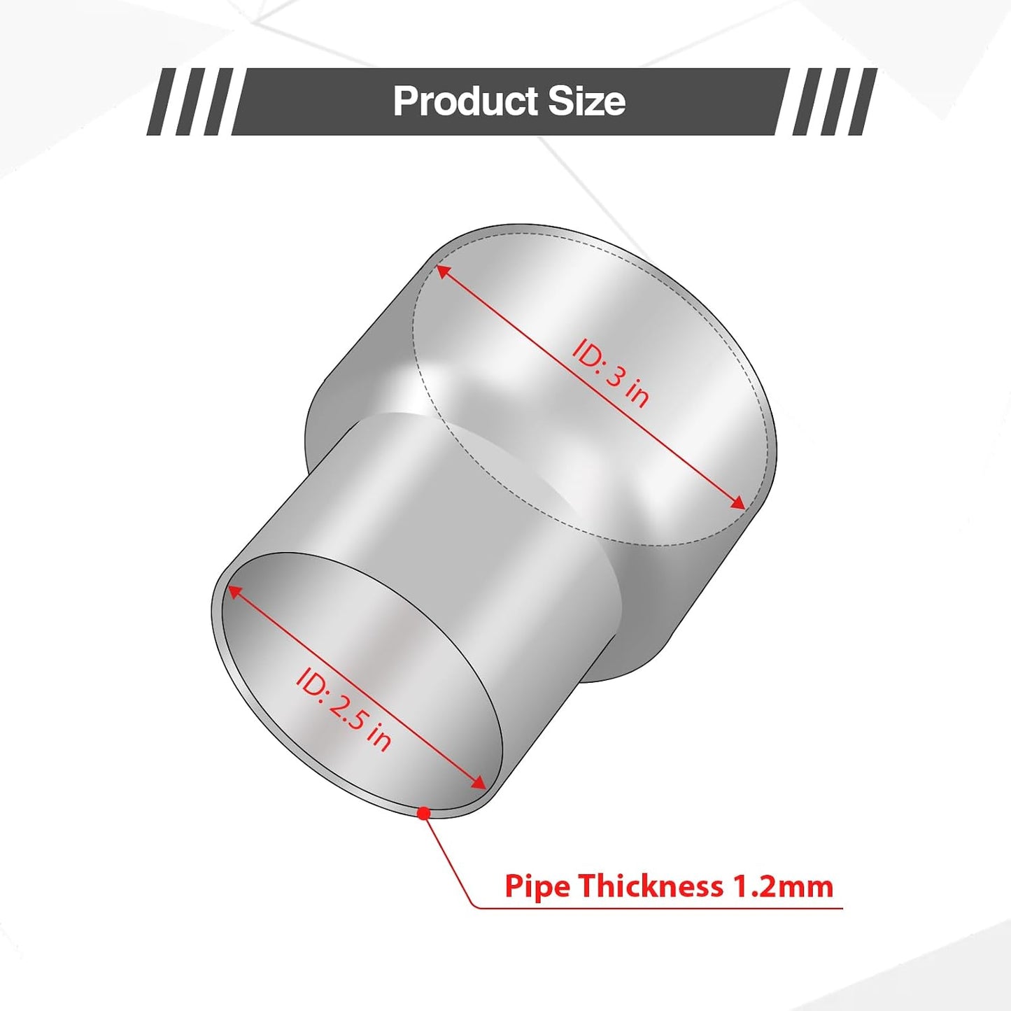 Adaptador tubo escape 2.5 a 3 pulg acero inox pulido