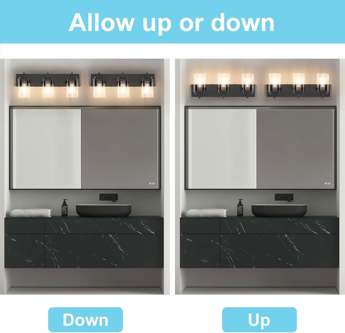 Lámpara tocador 3 luces negro mate con pantalla vidrio baño
