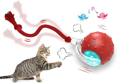 Pelota interactiva para gatos rodando en alfombra chirridos rojo